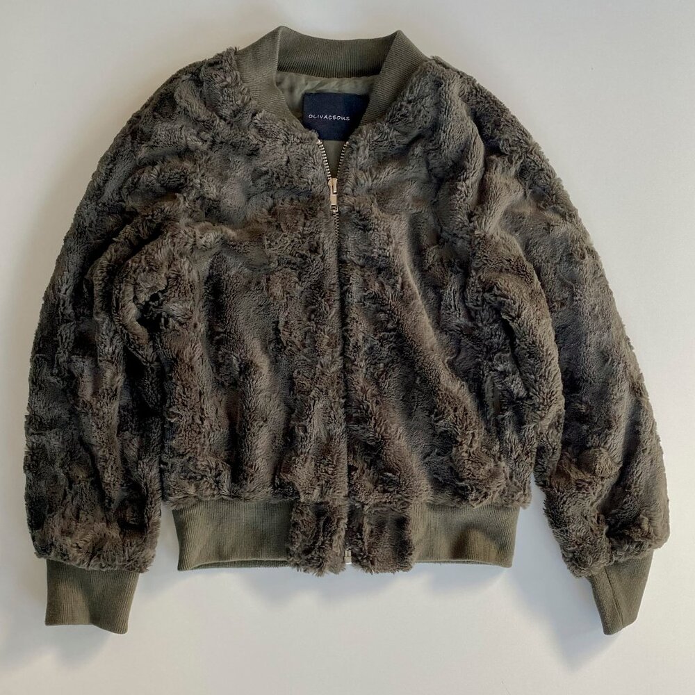 Olivaceous Faux Fur Bomber Jacket Gray Taupe Plush Textured Size S